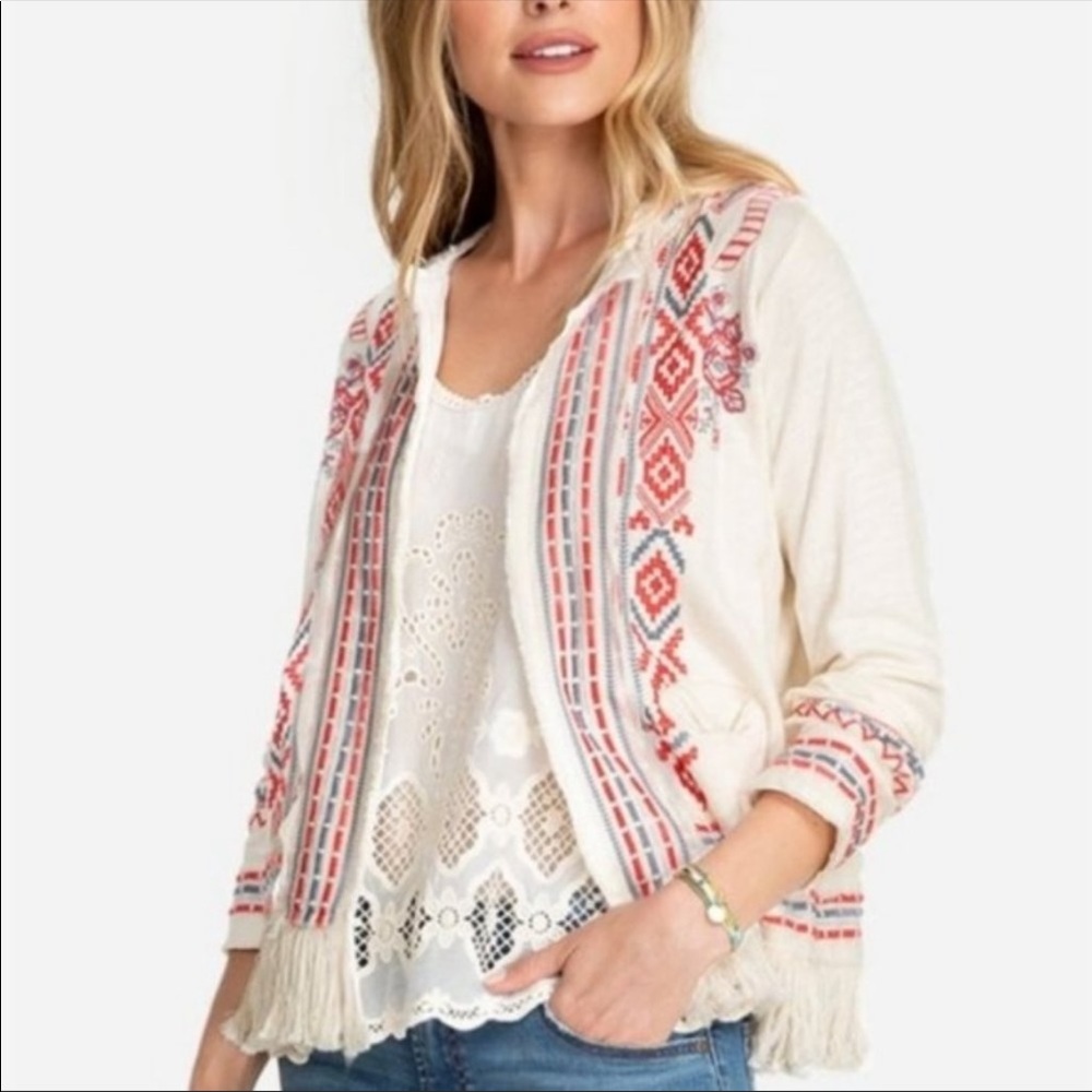 Johnny Was Cream Fringe Embroidered Jacket with Red & Blue Accents
